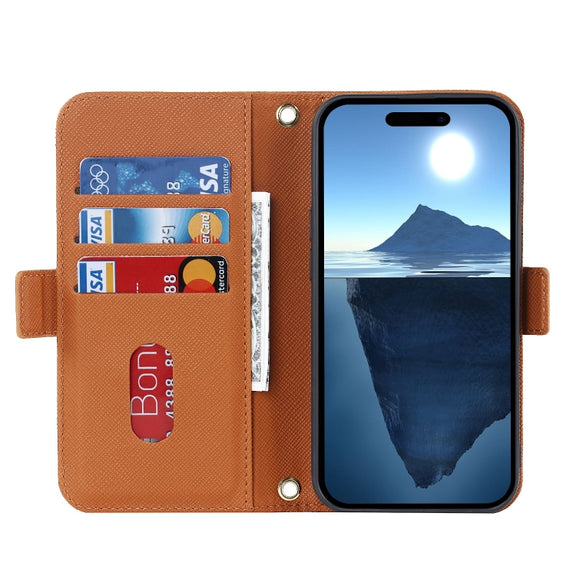 For iPhone 16 Pro Max Cross Texture Crossbody Lanyard Leather Phone Case(Brown)
