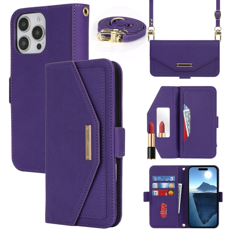 For iPhone 16 Pro Max Cross Texture Crossbody Lanyard Leather Phone Case(Purple)