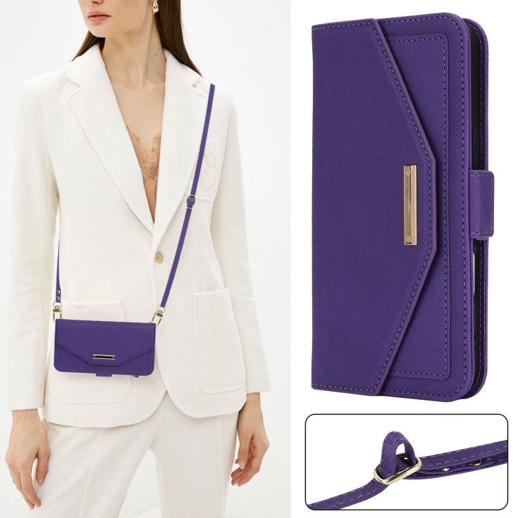 For iPhone 16 Pro Cross Texture Crossbody Lanyard Leather Phone Case(Purple)