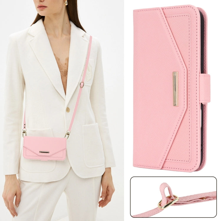 For iPhone 16 Pro Cross Texture Crossbody Lanyard Leather Phone Case(Pink)