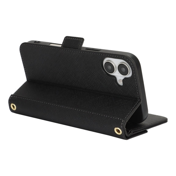 For iPhone 16 Cross Texture Crossbody Lanyard Leather Phone Case(Black)