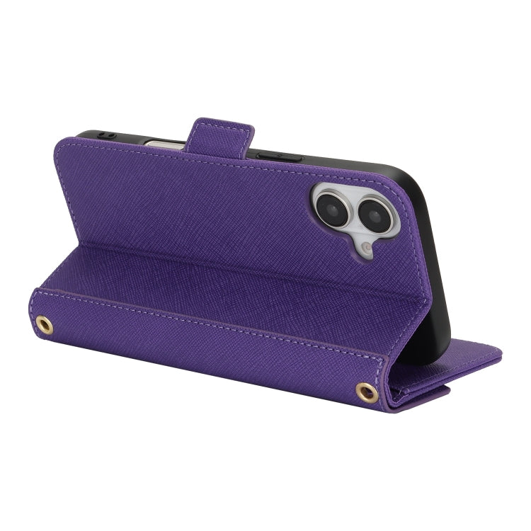 For iPhone 16 Cross Texture Crossbody Lanyard Leather Phone Case(Purple)