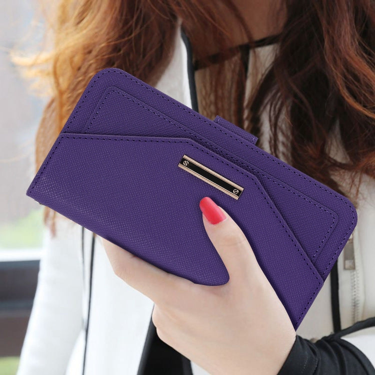 For iPhone 16 Cross Texture Crossbody Lanyard Leather Phone Case(Purple)