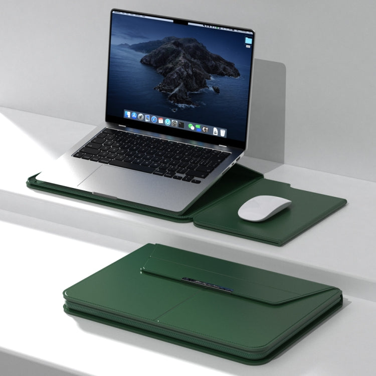 Multifunctional Laptop PU Magnetic Stand Split Liner Bag with Mouse Pad Function, Size:15 inch(Dark Green)
