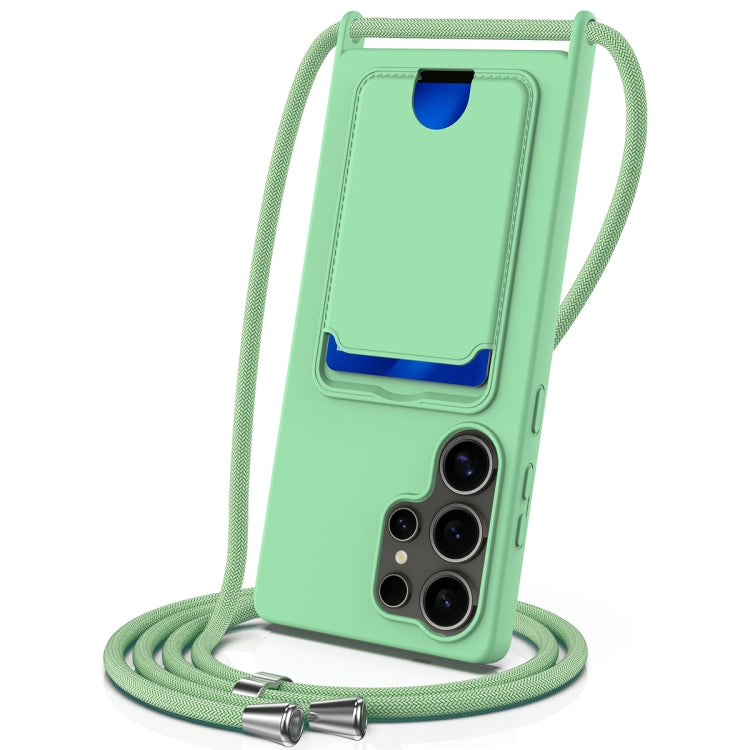 For Samsung Galaxy S25 Ultra 5G Integrated Card Bag Solid Color Liquid Silicone Phone Case with Lanyard(Green)