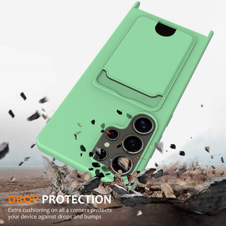 For Samsung Galaxy S25 Ultra 5G Integrated Card Bag Solid Color Liquid Silicone Phone Case with Lanyard(Green)