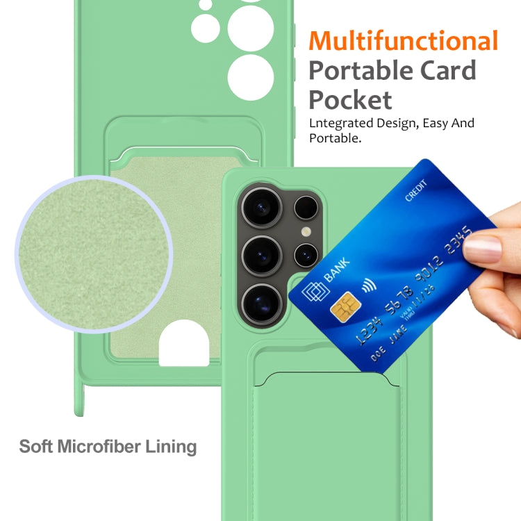 For Samsung Galaxy S25 Ultra 5G Integrated Card Bag Solid Color Liquid Silicone Phone Case with Lanyard(Green)