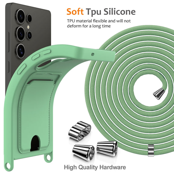 For Samsung Galaxy S25 Ultra 5G Integrated Card Bag Solid Color Liquid Silicone Phone Case with Lanyard(Green)