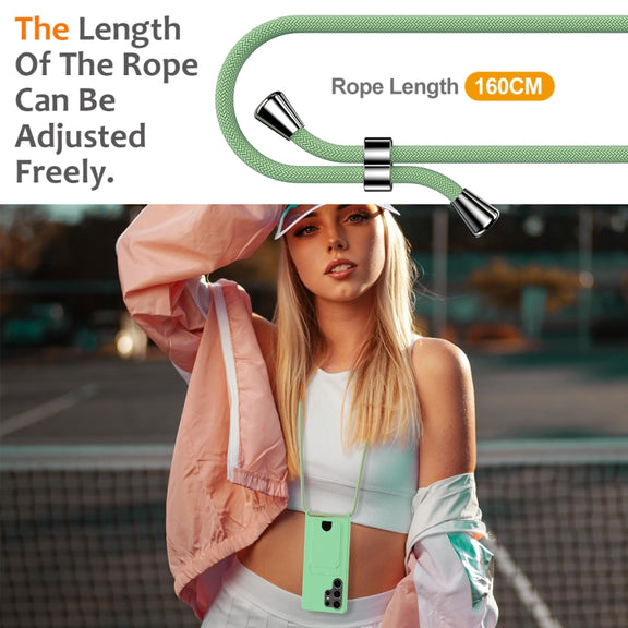 For Samsung Galaxy S25 Ultra 5G Integrated Card Bag Solid Color Liquid Silicone Phone Case with Lanyard(Green)