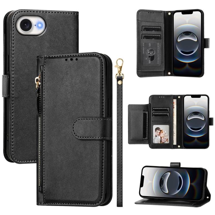 For iPhone 16e Multi-Card Slots Zipper Wallet Leather Phone Case(Black)