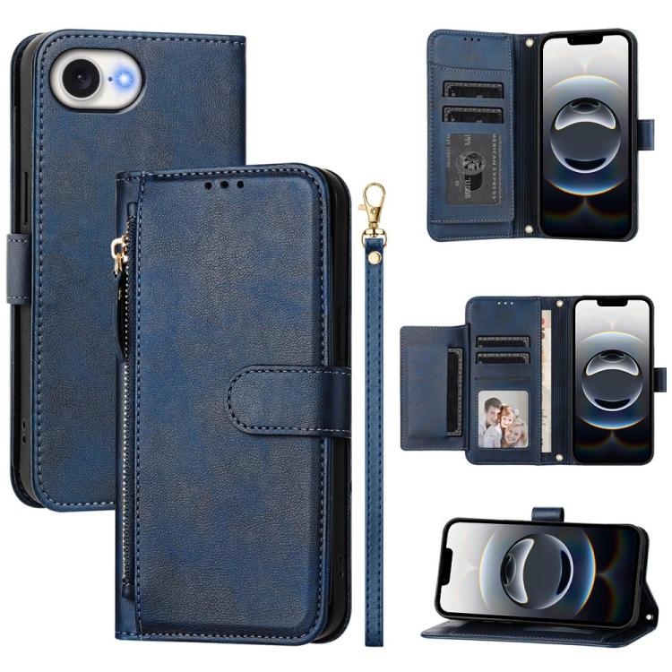 For iPhone 16e Multi-Card Slots Zipper Wallet Leather Phone Case(Blue)