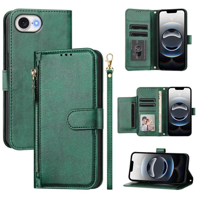 For iPhone 16e Multi-Card Slots Zipper Wallet Leather Phone Case(Green)