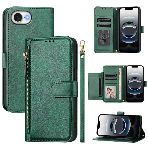 For iPhone 16e Multi-Card Slots Zipper Wallet Leather Phone Case(Green)