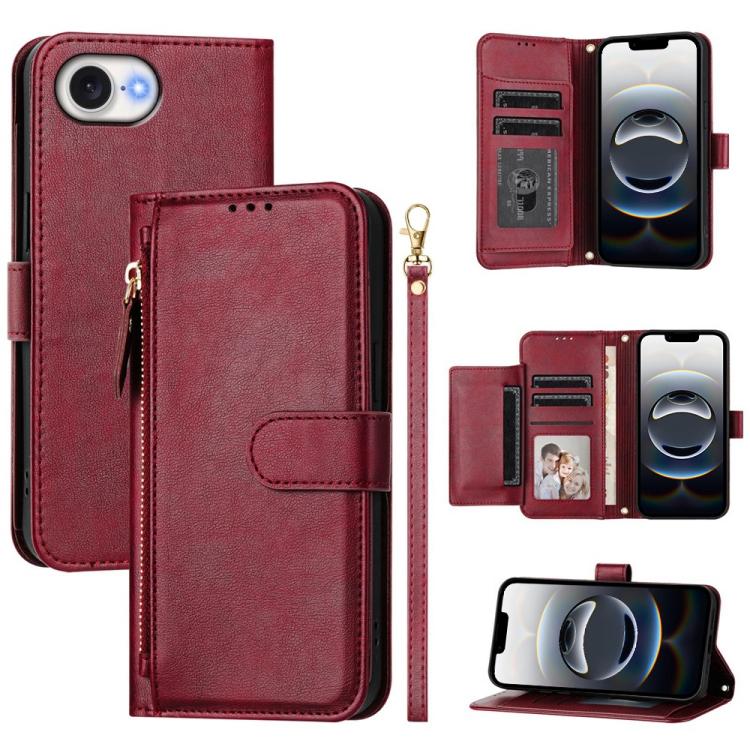 For iPhone 16e Multi-Card Slots Zipper Wallet Leather Phone Case(Dark Red)