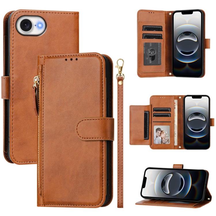For iPhone 16e Multi-Card Slots Zipper Wallet Leather Phone Case(Brown)