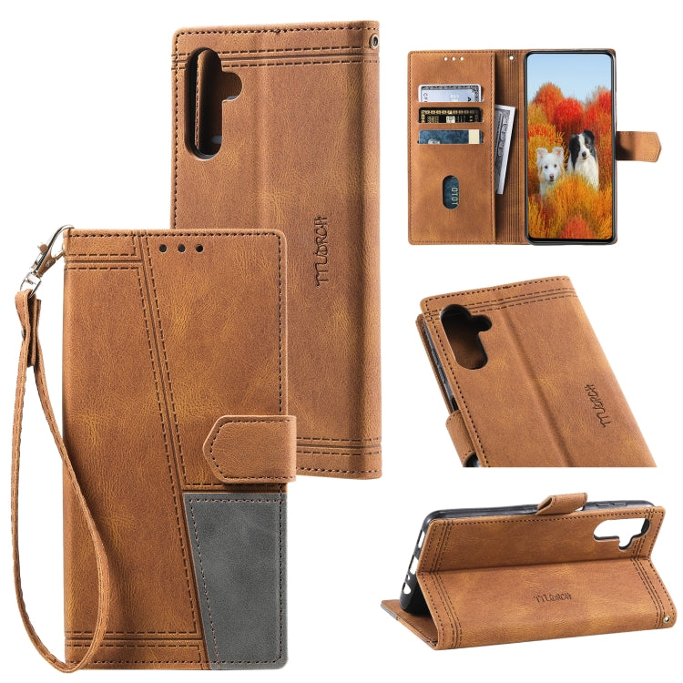 For Samsung Galaxy S25 5G TTUDRCH Embossed Line Splicing Leather Phone Case(Brown)