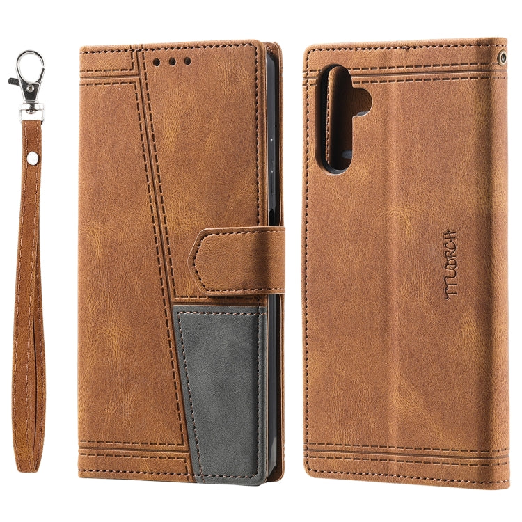 For Samsung Galaxy S25 5G TTUDRCH Embossed Line Splicing Leather Phone Case(Brown)