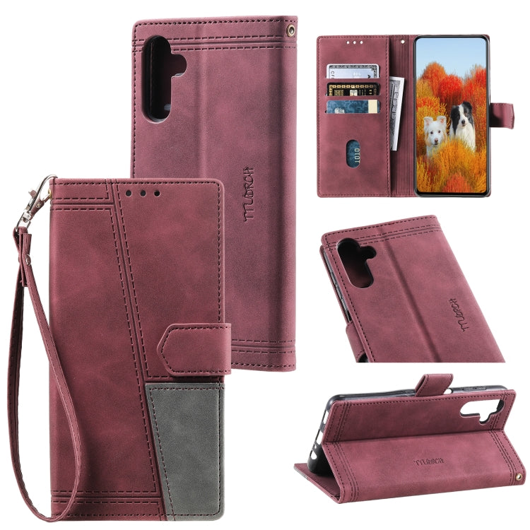 For Samsung Galaxy S25 5G TTUDRCH Embossed Line Splicing Leather Phone Case(Wine Red)