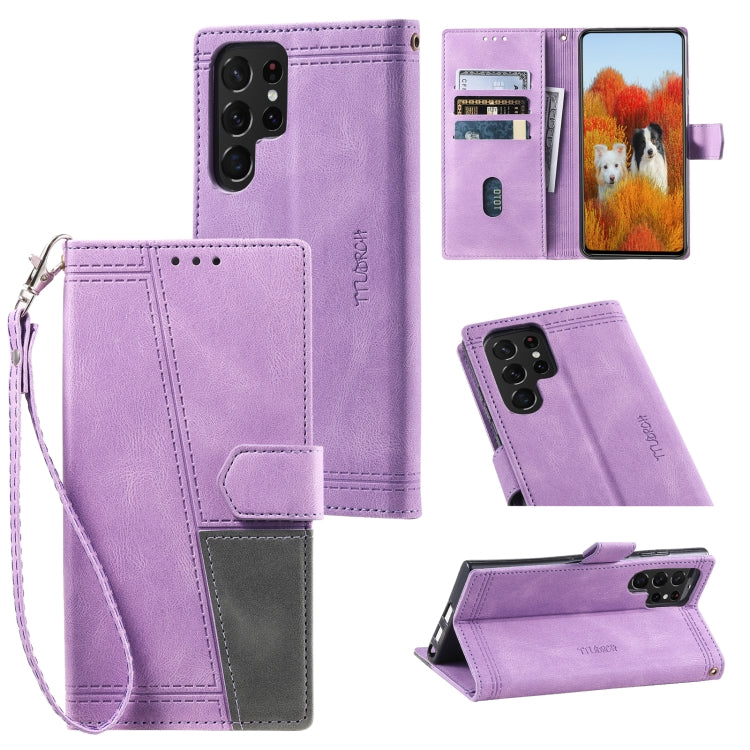 For Samsung Galaxy S25 Ultra 5G TTUDRCH Embossed Line Splicing Leather Phone Case(Purple)