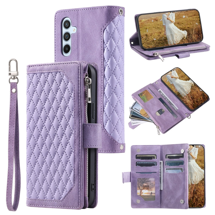 For Samsung Galaxy S25 5G Grid Texture Zipper Leather Phone Case with Lanyard(Purple)