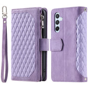 For Samsung Galaxy S25 5G Grid Texture Zipper Leather Phone Case with Lanyard(Purple)