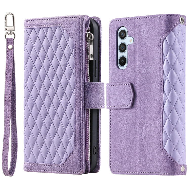 For Samsung Galaxy S25 5G Grid Texture Zipper Leather Phone Case with Lanyard(Purple)