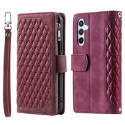 For Samsung Galaxy S25 5G Grid Texture Zipper Leather Phone Case with Lanyard(Wine Red)