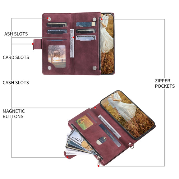 For Samsung Galaxy S25 5G Grid Texture Zipper Leather Phone Case with Lanyard(Wine Red)
