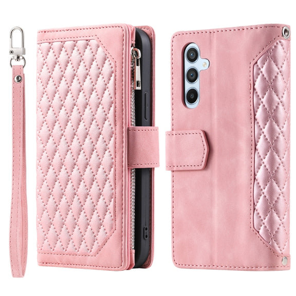 For Samsung Galaxy S25+ 5G Grid Texture Zipper Leather Phone Case with Lanyard(Rose Gold)