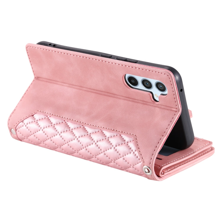 For Samsung Galaxy S25+ 5G Grid Texture Zipper Leather Phone Case with Lanyard(Rose Gold)