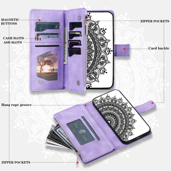 For Samsung Galaxy S25 5G Multi-Card Totem Zipper Leather Phone Case(Purple)