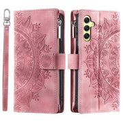 For Samsung Galaxy S25 5G Multi-Card Totem Zipper Leather Phone Case(Pink)