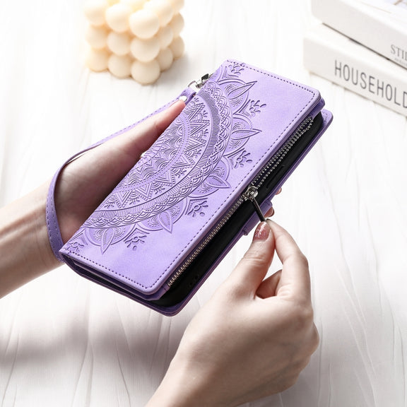 For Samsung Galaxy S25+ 5G Multi-Card Totem Zipper Leather Phone Case(Purple)