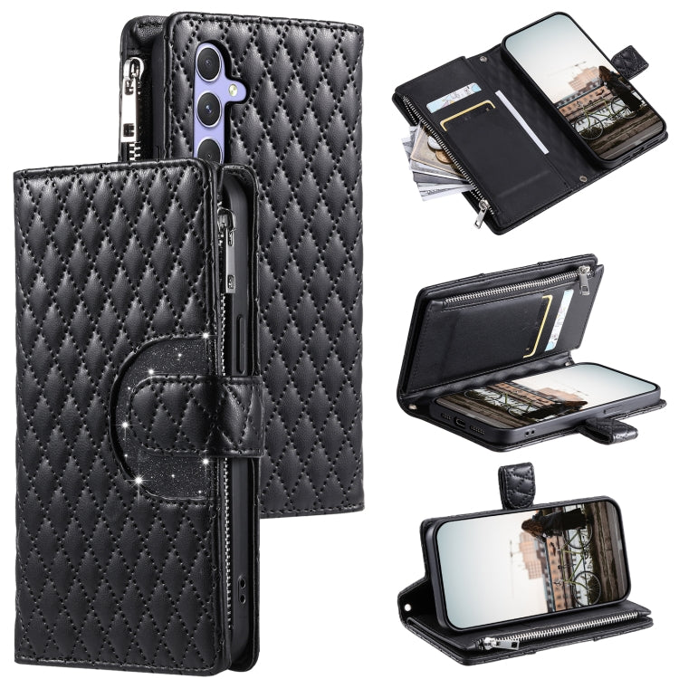 For Samsung Galaxy S25 5G Glitter Lattice Zipper Wallet Leather Phone Case(Black)