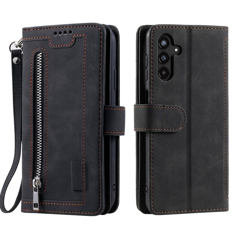 For Samsung Galaxy S25 5G Nine Card Zipper Bag Leather Phone Case with Lanyard(Black)
