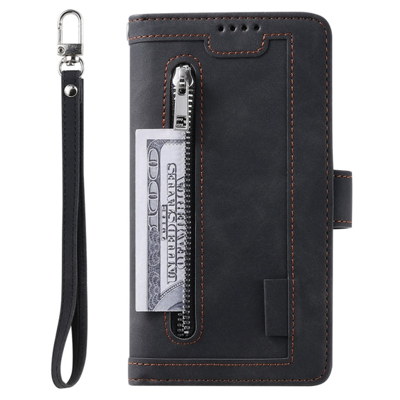 For Samsung Galaxy S25 5G Nine Card Zipper Bag Leather Phone Case with Lanyard(Black)