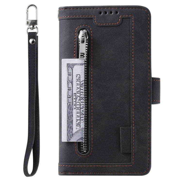 For Samsung Galaxy S25 5G Nine Card Zipper Bag Leather Phone Case with Lanyard(Black)