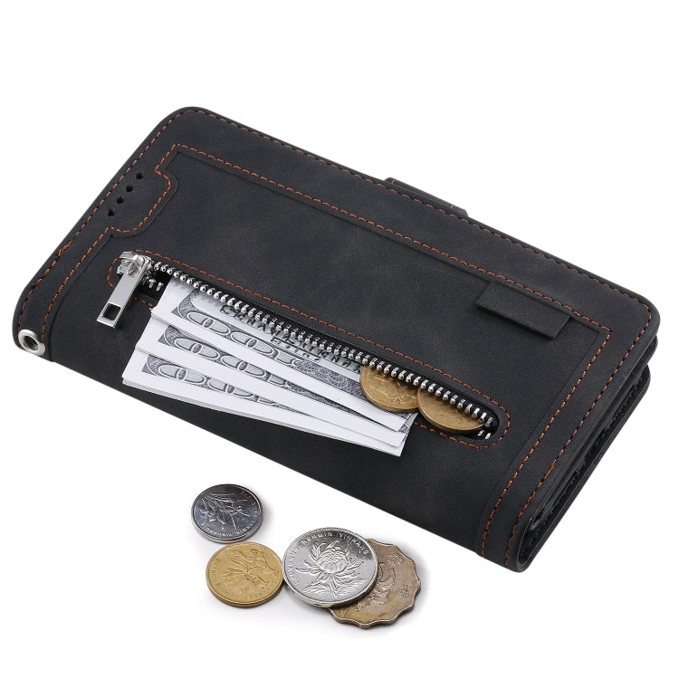 For Samsung Galaxy S25 5G Nine Card Zipper Bag Leather Phone Case with Lanyard(Black)