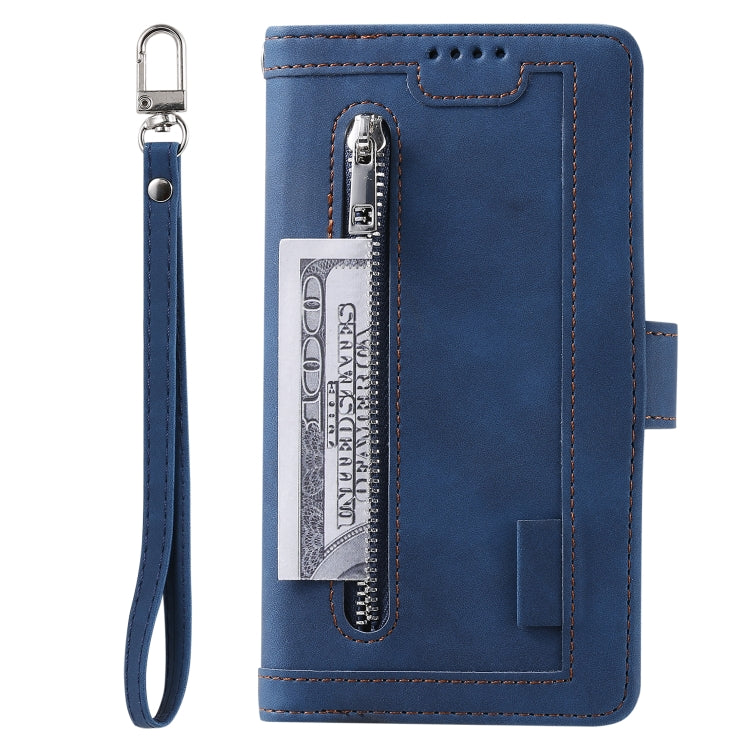 For Samsung Galaxy S25 5G Nine Card Zipper Bag Leather Phone Case with Lanyard(Blue)