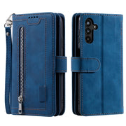 For Samsung Galaxy S25 5G Nine Card Zipper Bag Leather Phone Case with Lanyard(Blue)