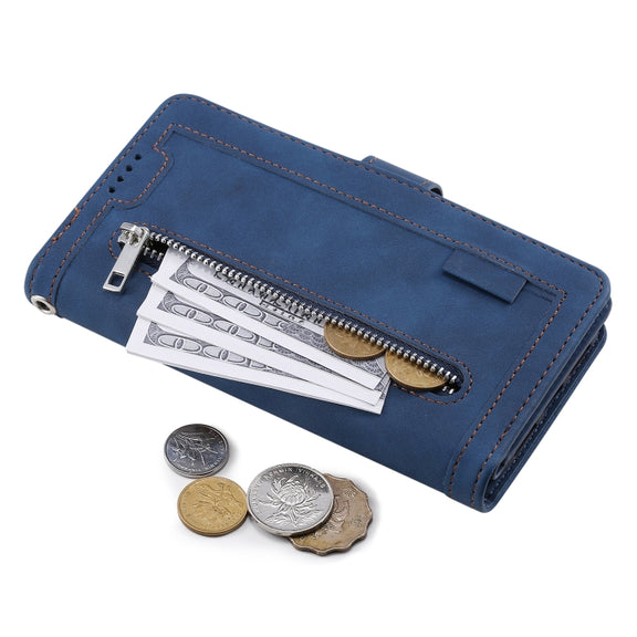 For Samsung Galaxy S25 5G Nine Card Zipper Bag Leather Phone Case with Lanyard(Blue)