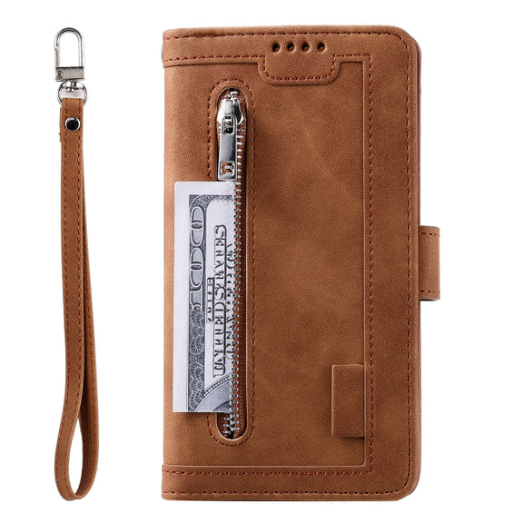 For Samsung Galaxy S25+ 5G Nine Card Zipper Bag Leather Phone Case with Lanyard(Brown)