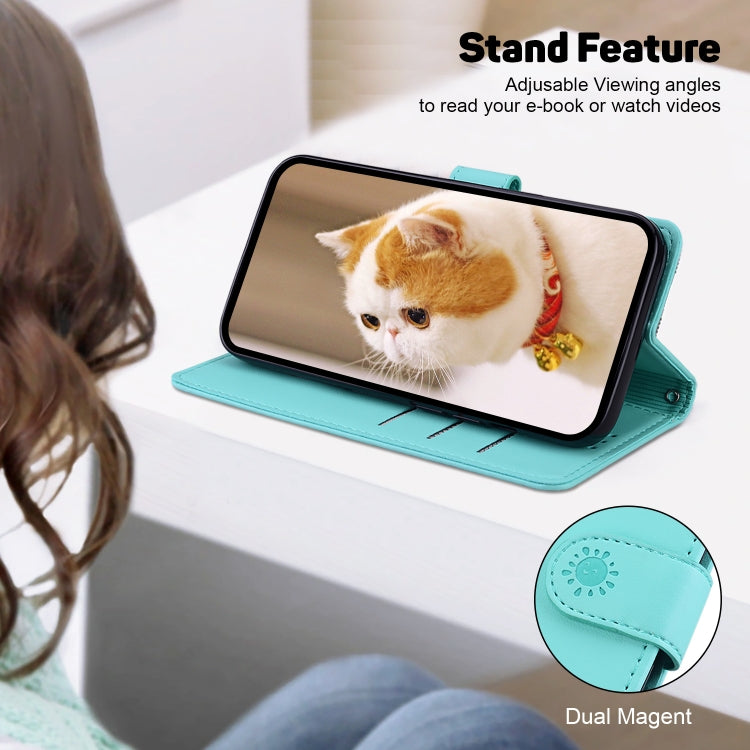 For iPhone 16e Cute Cats RFID Leather Phone Case(Green)