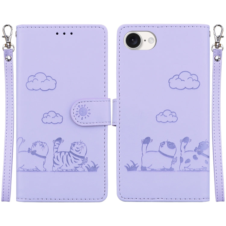 For iPhone 16e Cute Cats RFID Leather Phone Case(Purple)