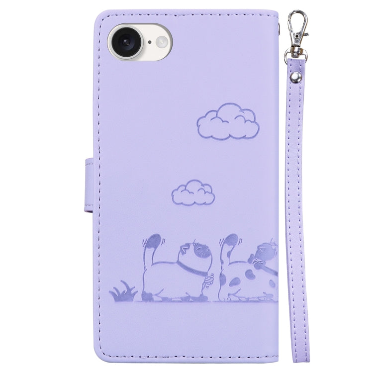 For iPhone 16e Cute Cats RFID Leather Phone Case(Purple)