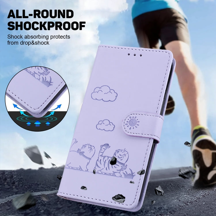 For iPhone 16e Cute Cats RFID Leather Phone Case(Purple)