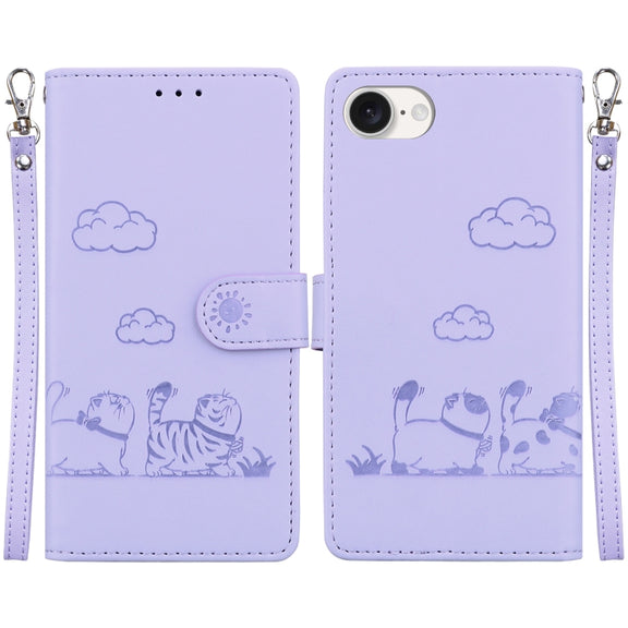 For iPhone 16e Cute Cats RFID Leather Phone Case(Purple)