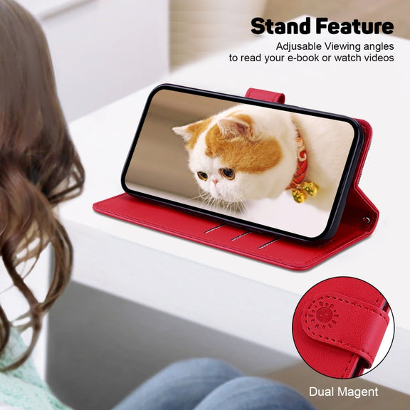 For iPhone 16e Cute Cats RFID Leather Phone Case(Red)