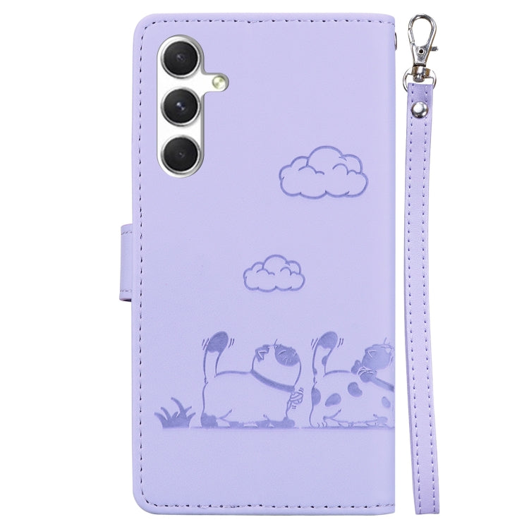 For Samsung Galaxy S25 5G Cute Cats RFID Leather Phone Case(Purple)