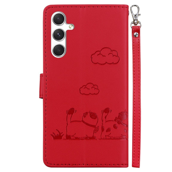 For Samsung Galaxy S25 5G Cute Cats RFID Leather Phone Case(Red)